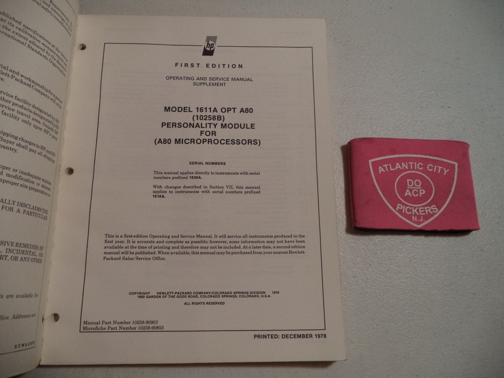 HP 1611A OPT A80 (10258B) FOR A80 MICROPROCESSOR OPERATING & SERVICE MAN SUPPLEM
