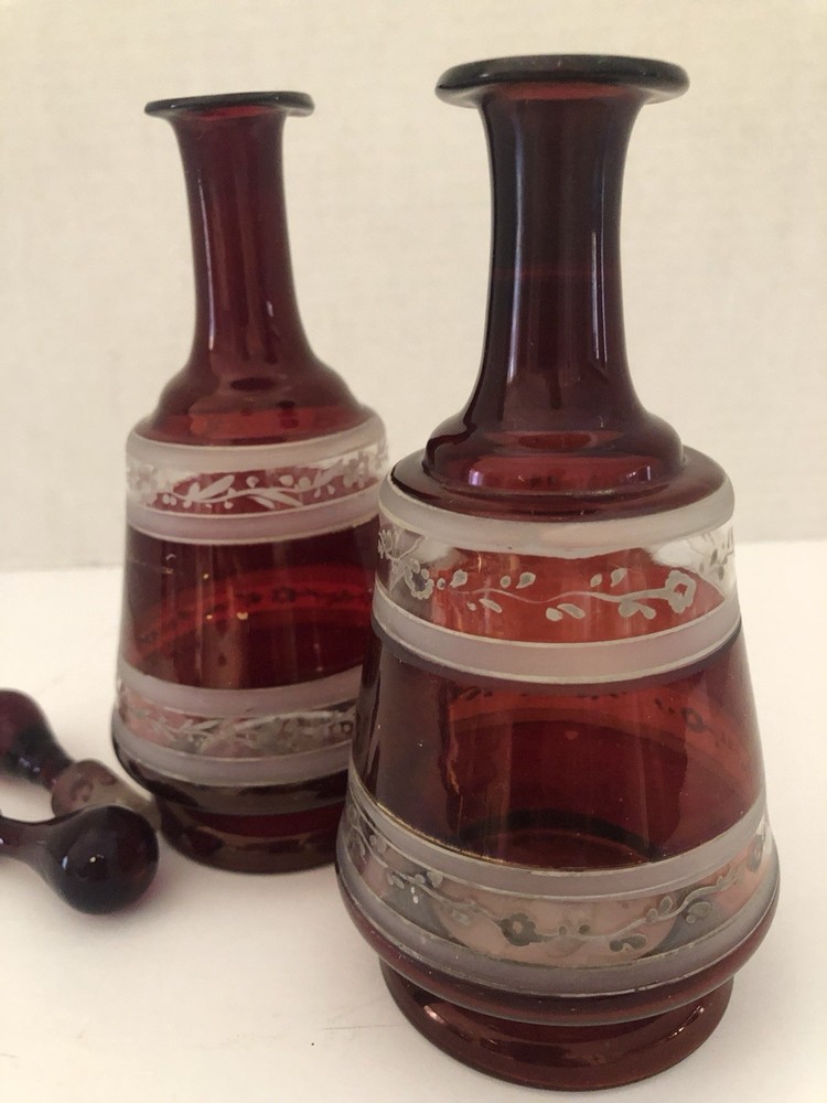 Antique Bohemian Hand Blown Ruby Red Perfume Scent Bottles Pair