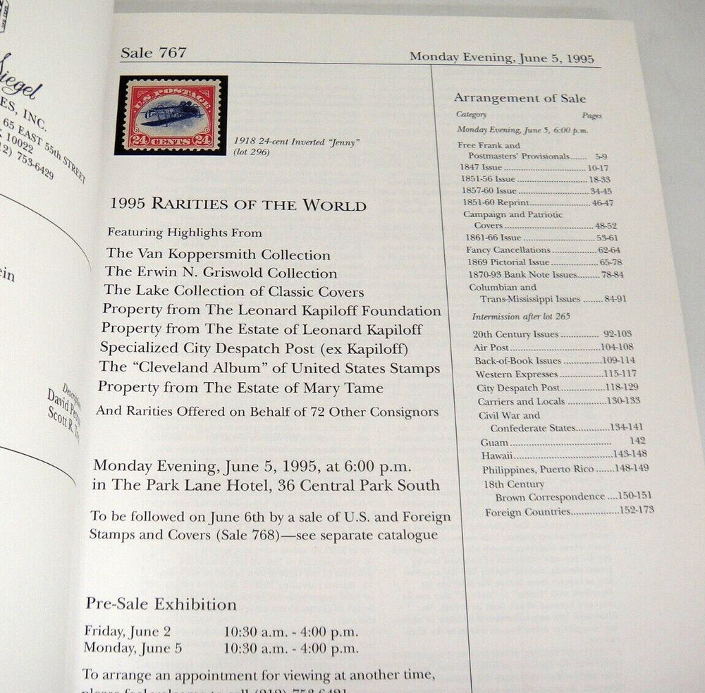 Siegel Stamp Auction Catalog 1995 Rarities Kapiloff Despatch Post Mary Tame Coll