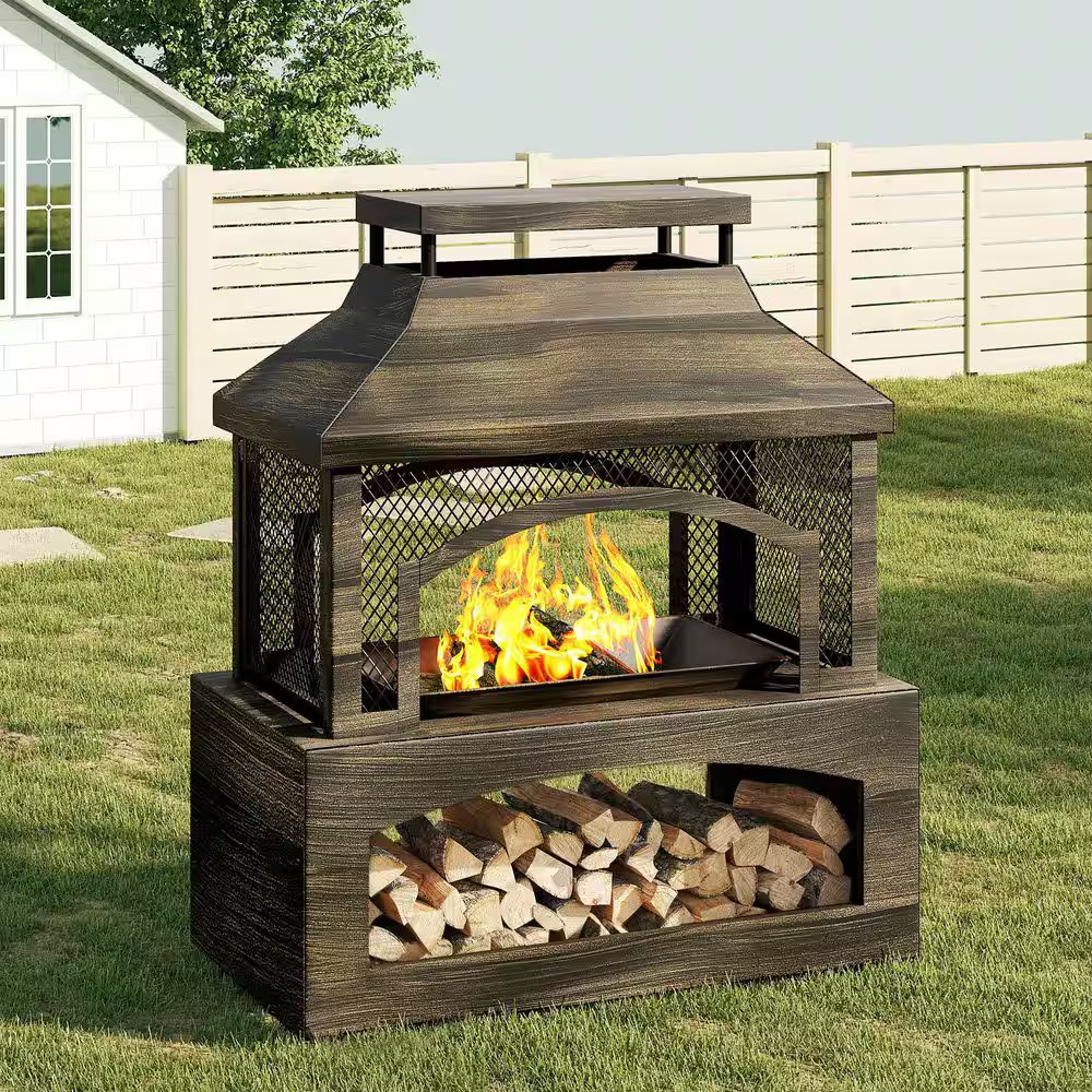 37 In. Steel Outdoor Wood Burning Fireplace with Wood Storage Rectangular Freest