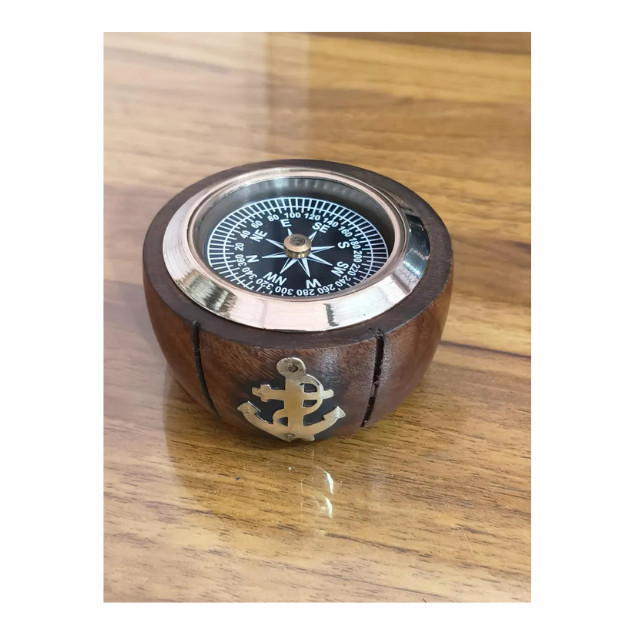 Engraved Wooden Compass | Nautical Brass Anchor, Desk Accessory