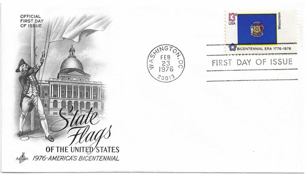 STAMP US SCOTT 1662 "Wisconsin State Flag" 13 CENT FDC 1976