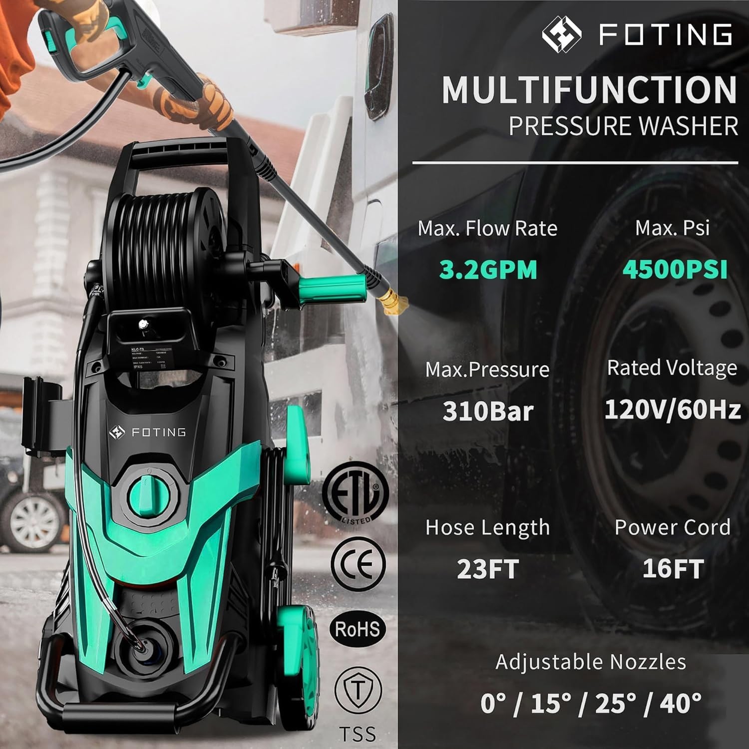 FOTING Pressure Wash 4500 PSI, 3.2 GPM Electric Pressure Washer with 4 Nozzles