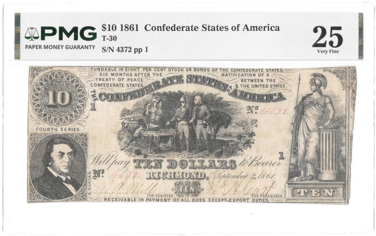 T-30 $10 Confederate States Civil War Money Sweet Potato Dinner Note PMG VF 25