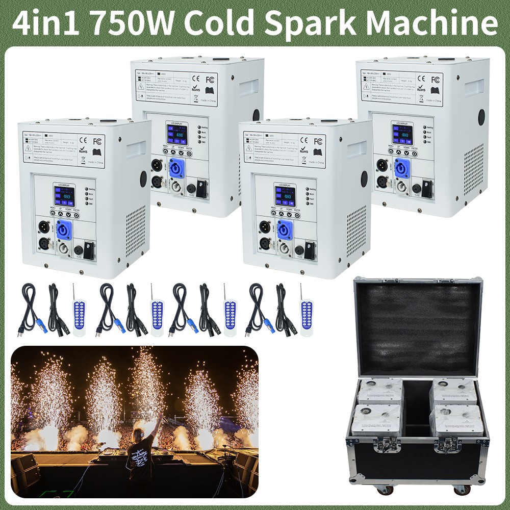 4 Pack 750W Cold Spark Machine DMX512 Sparkler Firework Machine with Flight Case