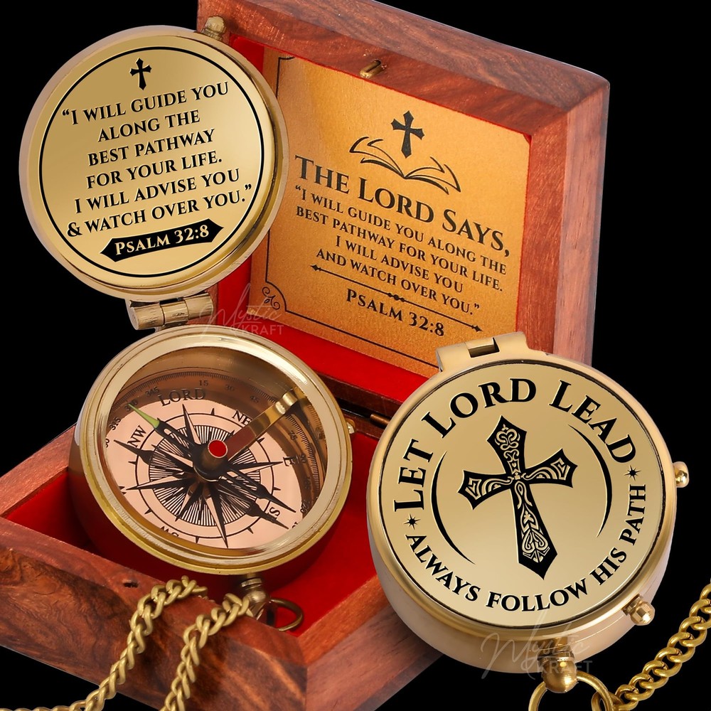 Engraved Brass Pocket Compass Gift Psalm 32:8 First Communion Baptism Catholic