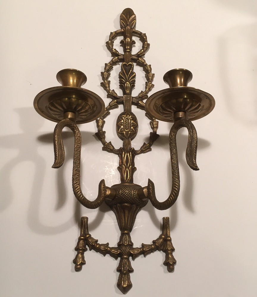 Large Ornate Brass Wall Sconce Two Candleholder.     O