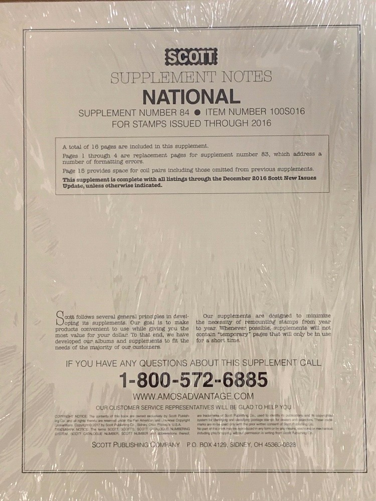 SCOTT 2016 NATIONAL SUPPLEMENT #84 100S016   ***A VETERAN SUPPORTIVE BUSINESS***
