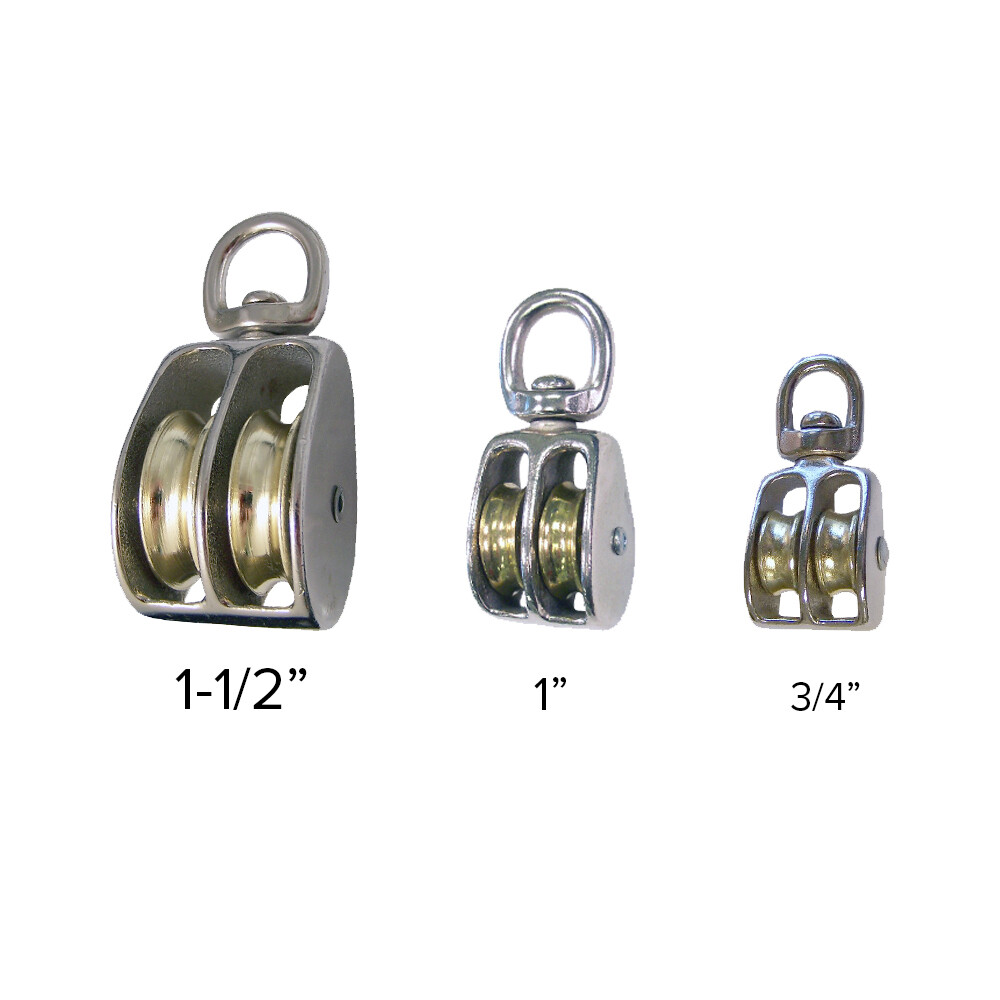 Swivel Eye Double Wheel Pulley Steel w Nickel Plating - Sheave 1.5, 1, 3/4 Inch