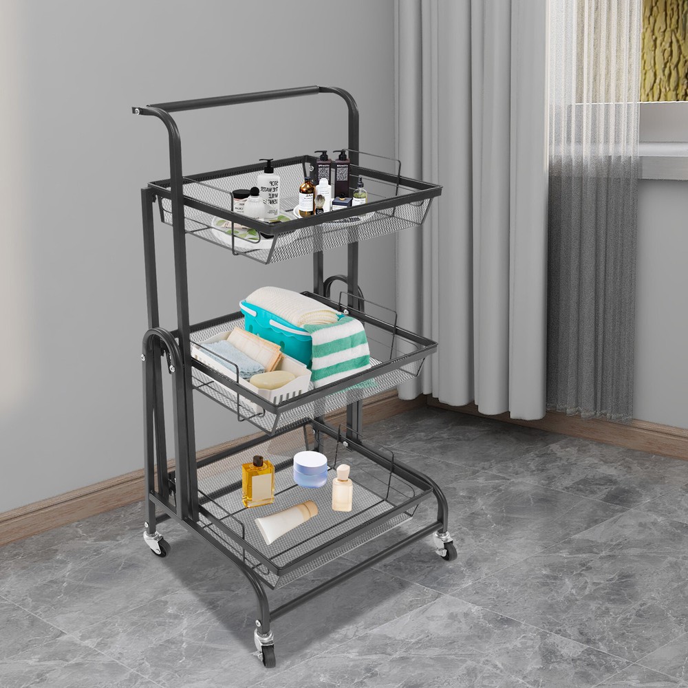 3-Tier Adjustable Metal Rolling Utility Cart, Multi-Functional Storage Cart