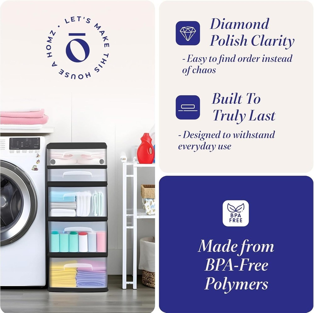 Drawer Tower 5-Tier Clear Plastic Storage Organizer Unit Multi-Purpose Container