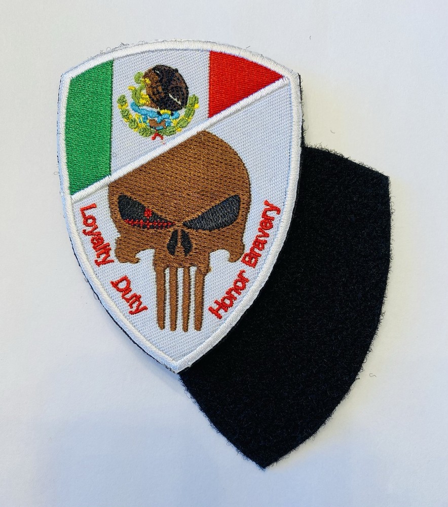 PUNISHER MEXICO FLAG LOYALTY DUTY HONOR BRAVERY HOOK & LOOP EMBROIDERED PATCH