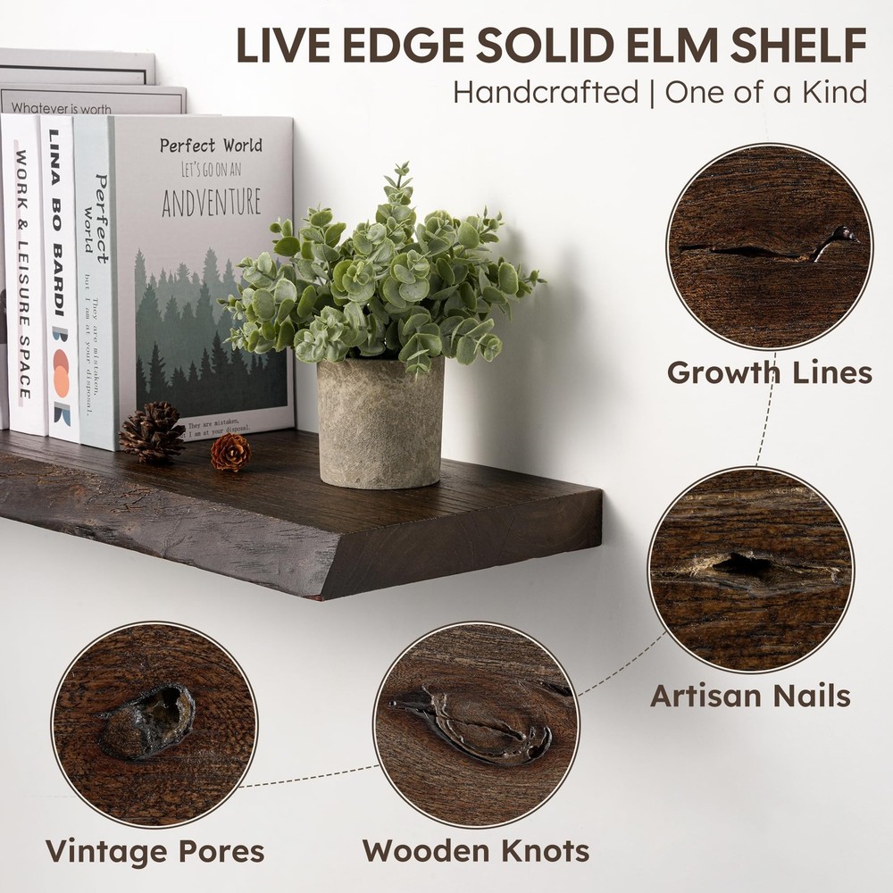 48" Rustic Elm Floating Shelves - Solid Wood Live Edge with Invisible Bracket...