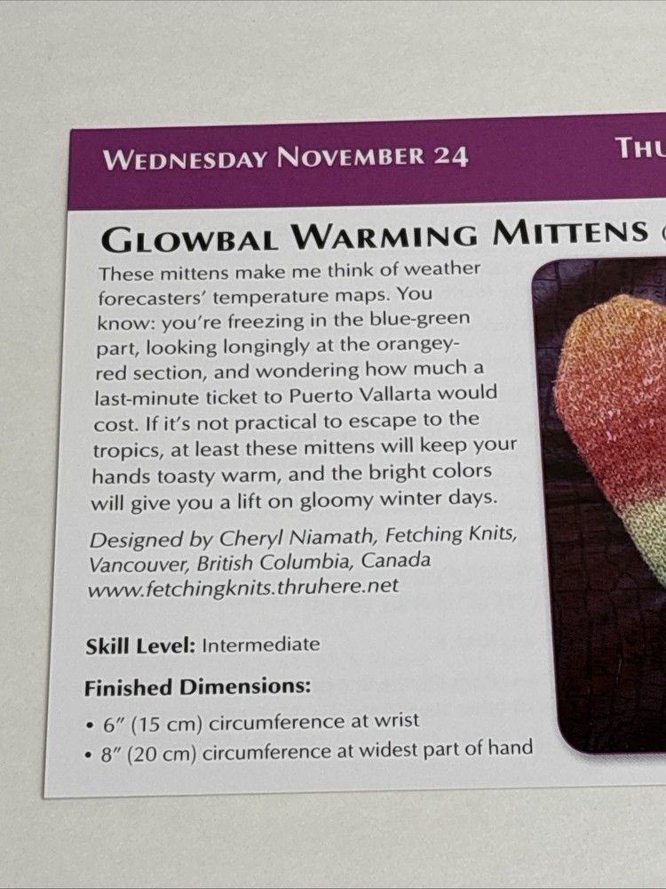 Glowbal Warming Mittens Knitting Pattern Cards Pages