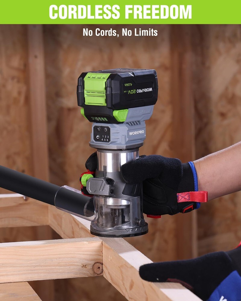 WORKPRO 20V Cordless Compact Router Tool 6 Speed Multi-Angle Adjustable Straight