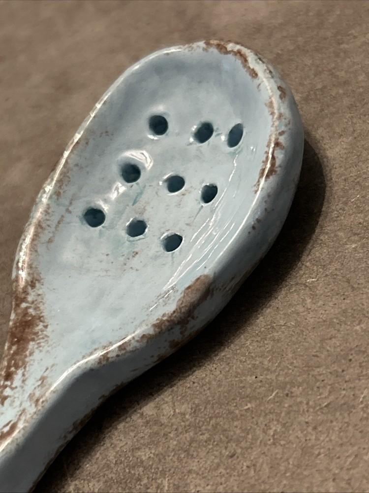 Handmade Rustic Sky Blue With Brown Pottery Serving Spoon