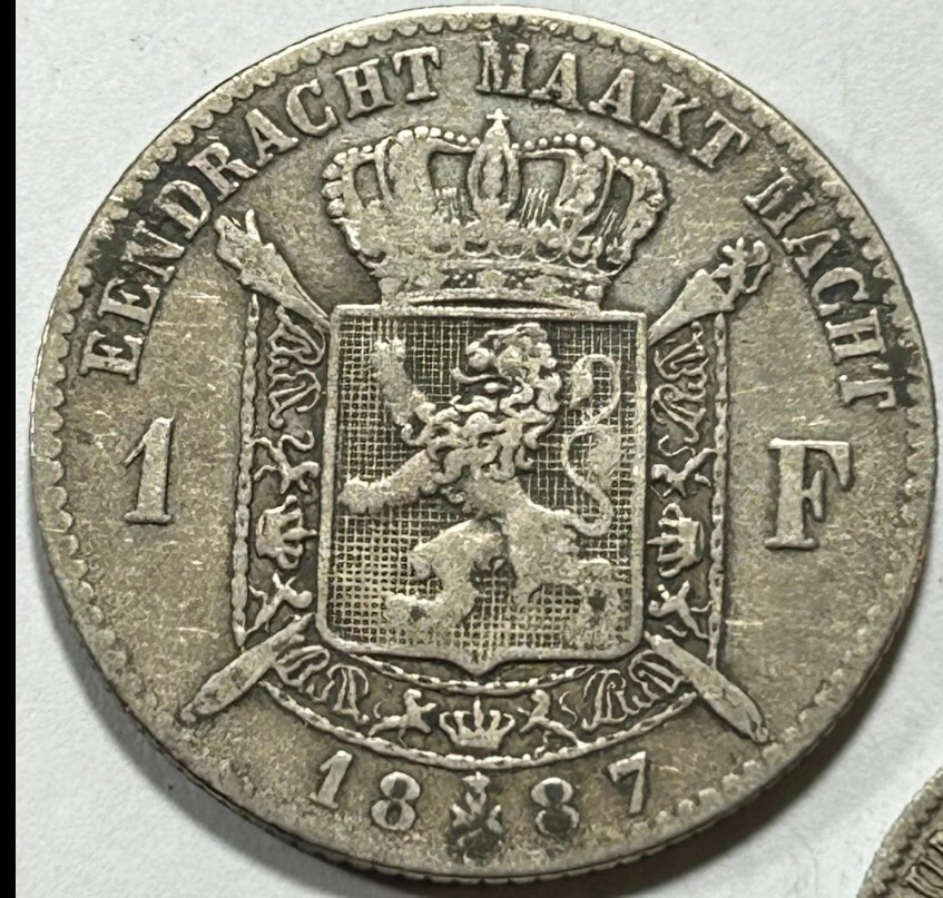 1887 BELGIUM 1 FRANC Silver World Coin