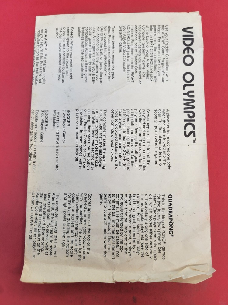 Video Olympics  (Atari 2600, 1978) By Atari -paper Print Instruction Sheets