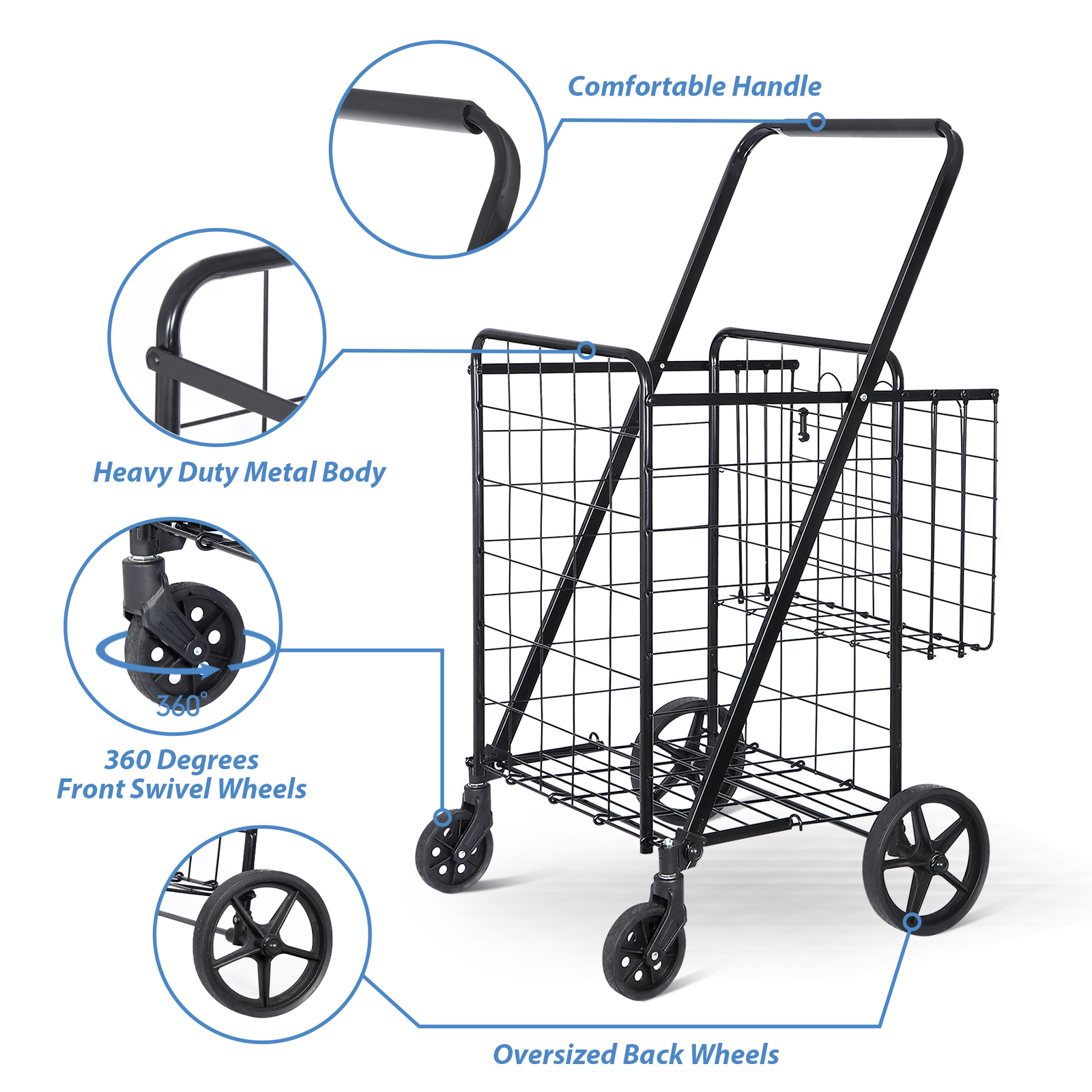 Portable Folding Shopping Cart Double Basket for Grocery Laundry W/Wheels Black