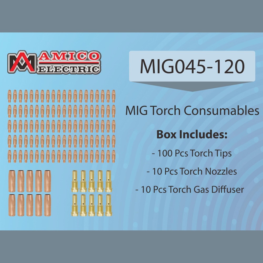Amico MIG Consumables, 100-pcs .045” Tip, 10-pcs Nozzle, 10-pcs Diffuser