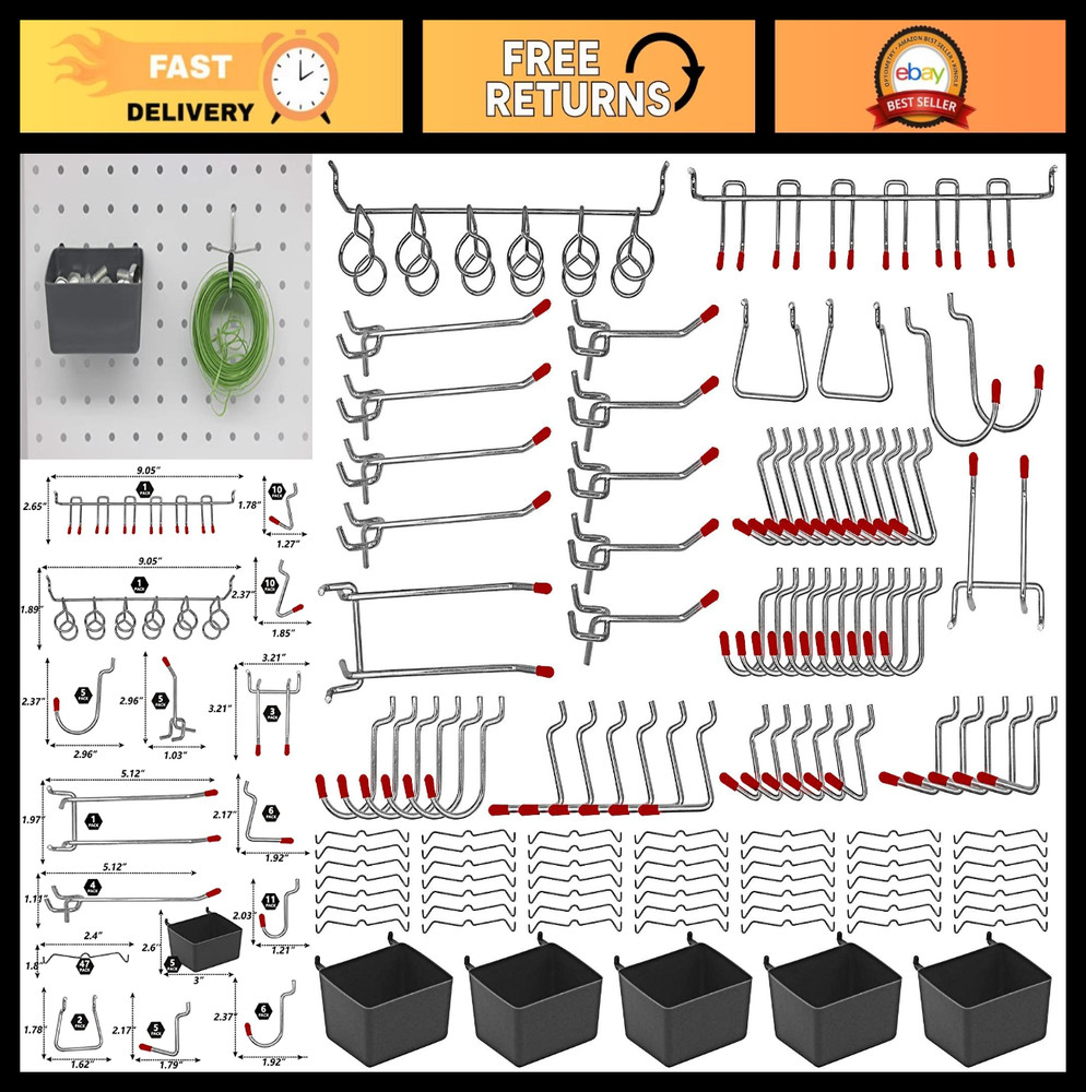 114 Pcs Pegboard Hook Set with Metal Hooks, Bins & Locks for Tool Organization