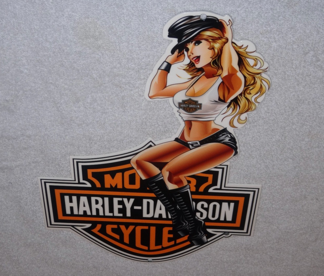 VINTAGE HARLEY DAVIDSON MOTORCYCLE WOMAN 👩 12" MOTOR CYCLE GASOLINE & OIL SIGN