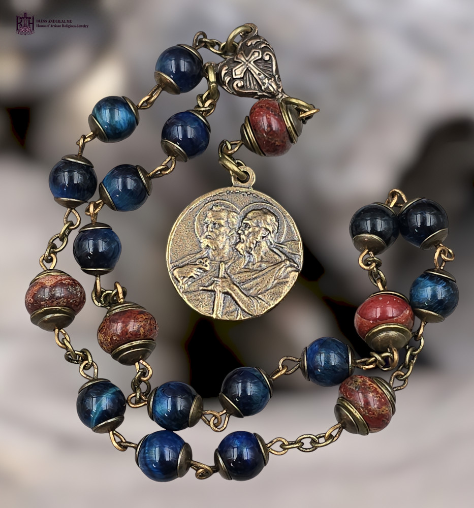 Apostles Peter & Paul Chaplet | Bronze | Heirloom | 20 Beads |Blue Tiger Eye