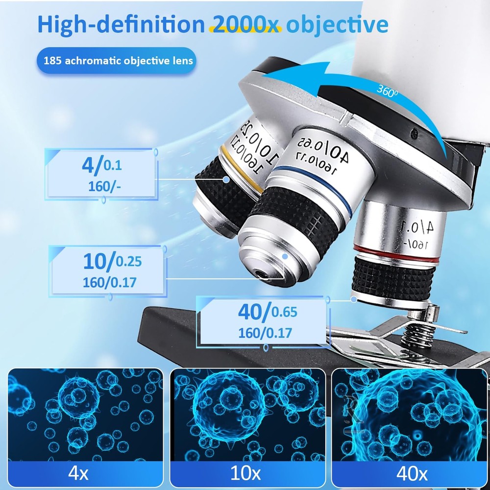 Microscope 40X-2500X Magnification HD Wide Angle Eyepieces