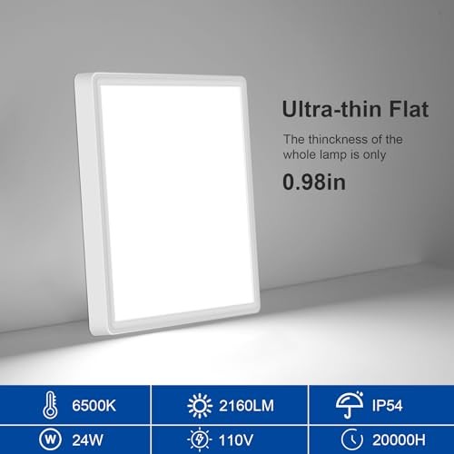 12 Inch 24W Flush Mount Square LED Ceiling Light, 6000K White Flush 4 Pack