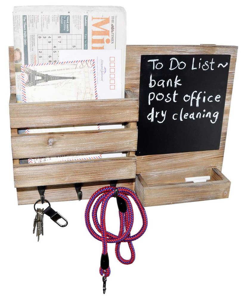 Key Hooks Holder, Entryway Mail Sorter Envelope Organizer Chalkboard, Leash P...