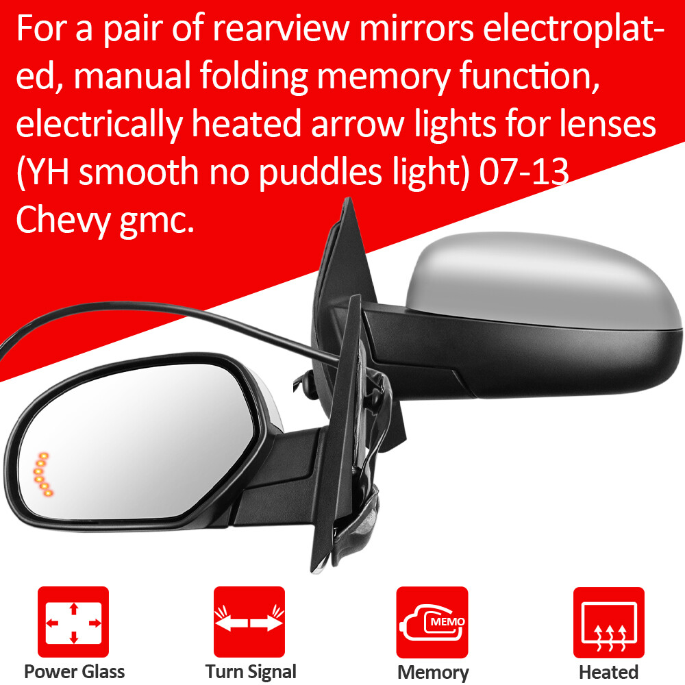 Power Heated For 2007-13 Chevy GMC Chrome Memory Arrow Light Side Mirrors Pair