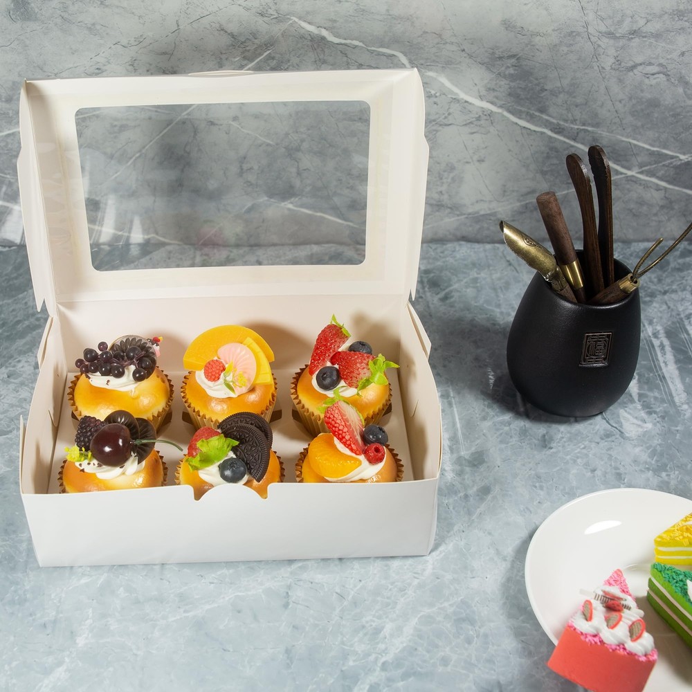 White Cupcake Boxes Premium Sturdy Cupcake Carriers with Inserts and Clear Wi...