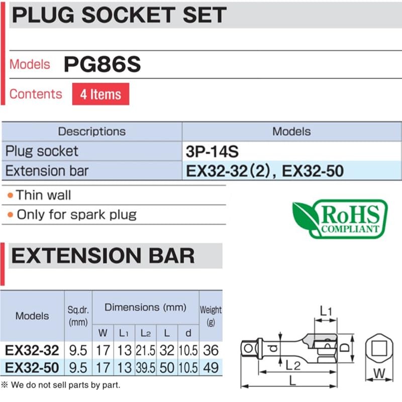 TONE Plug Socket Set PG86S Insertion angle 9.5mm (3/8inch) W14mm for 86/BRZ