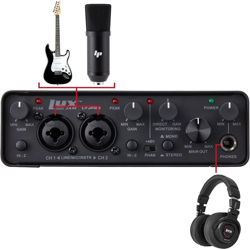 LyxJam 2×2 USB Audio Interface Studio Bundle w/ Mic, Monitors & Shield