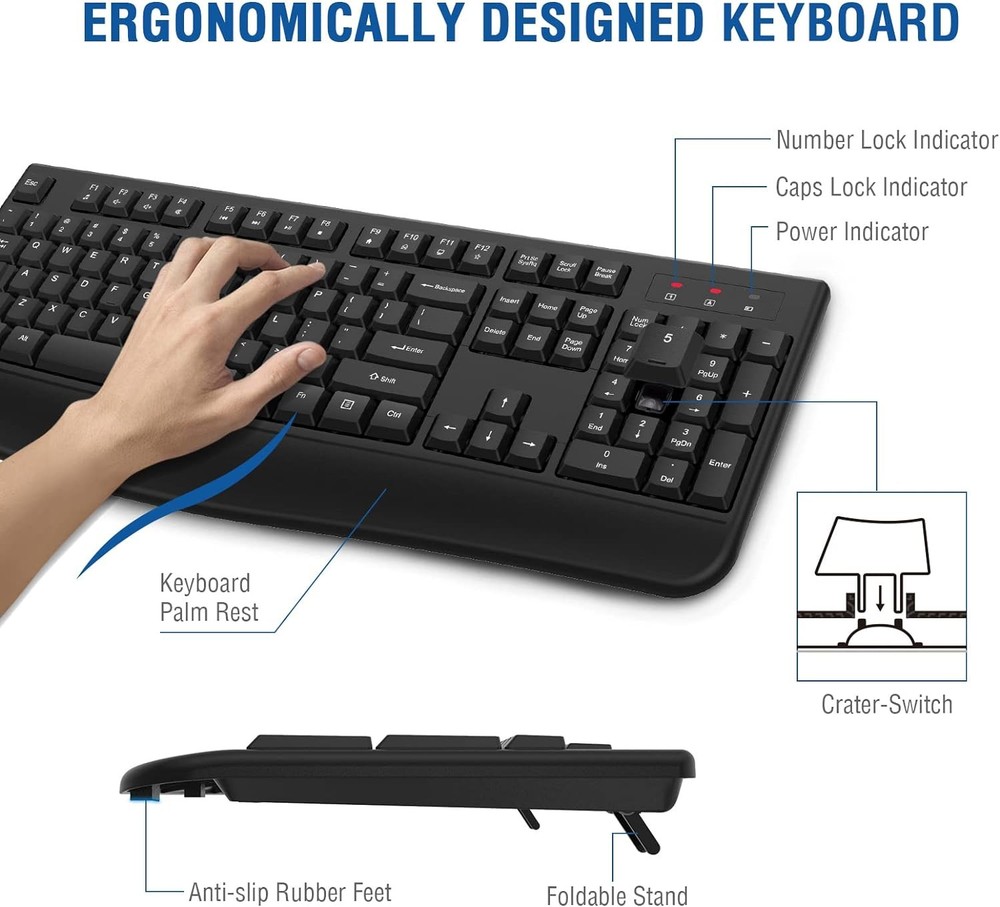 EDJO Wireless Keyboard, 2.4G Ergonomic Full Size Computer black