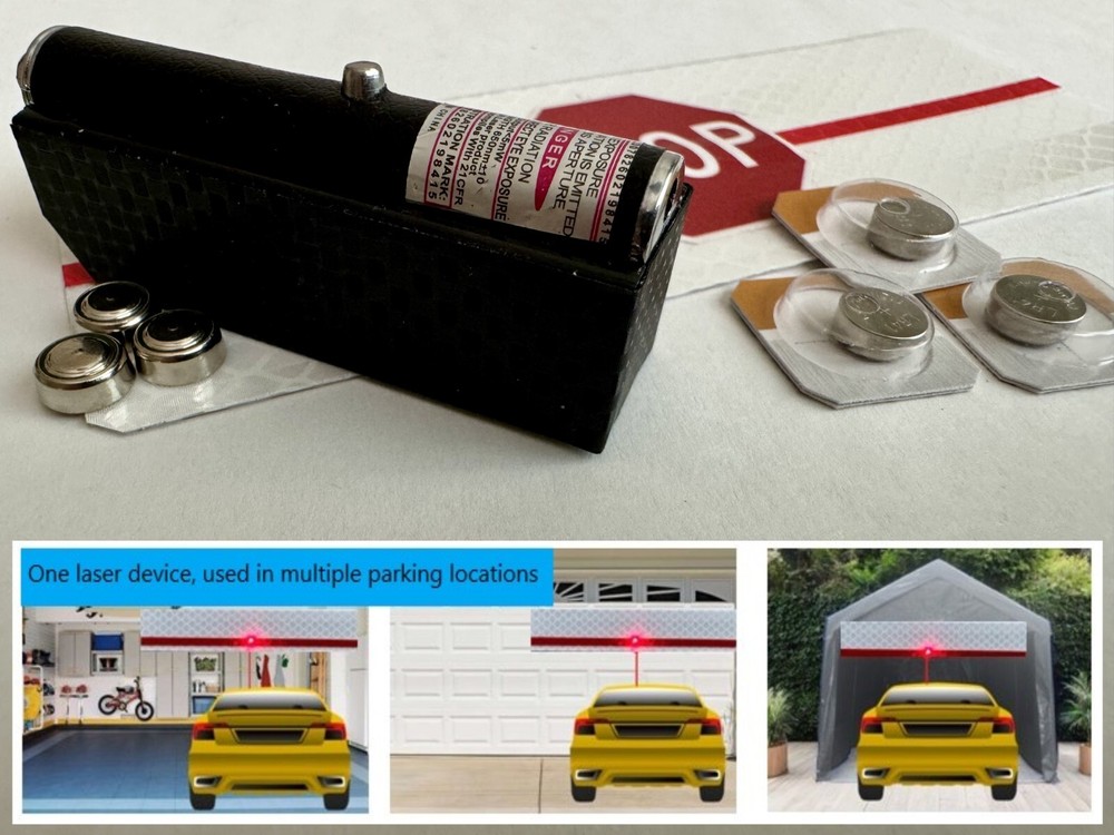 Car Garage parking assist/aid/guide, tiny dashboard mounted laser device, USA