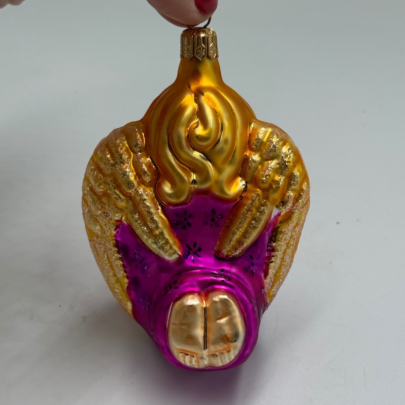Vintage Glass Angel Christmas Ornament Trumpet Purple Gold West Germany