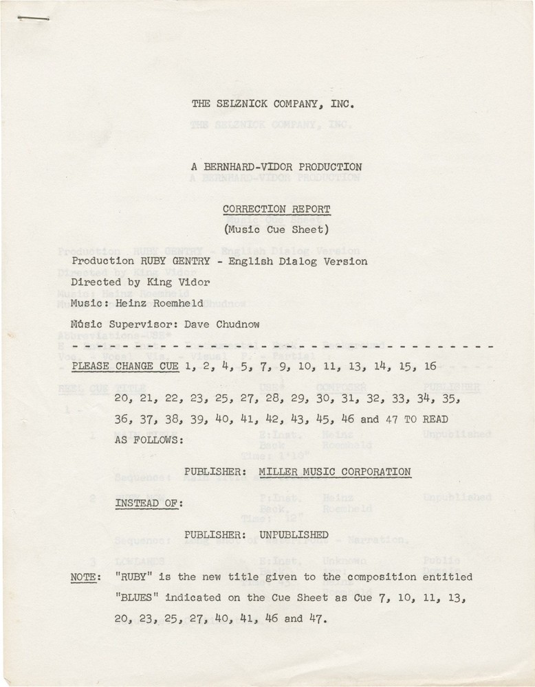 King Vidor RUBY GENTRY Post-production Music Cue Sheet script for the #151711