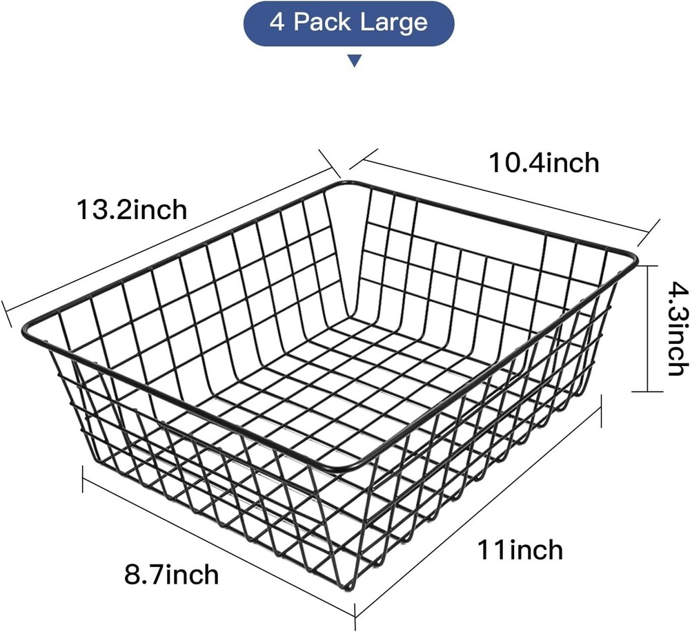 4 Pack Black Wire Baskets - Pantry Storage & Organization Solution