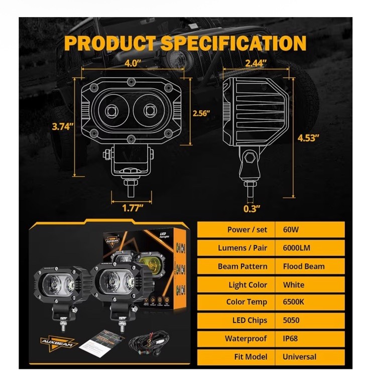 Auxbeam 4” LED Light Pods, 60W Square Offroad Driving Light Super Bright 120°