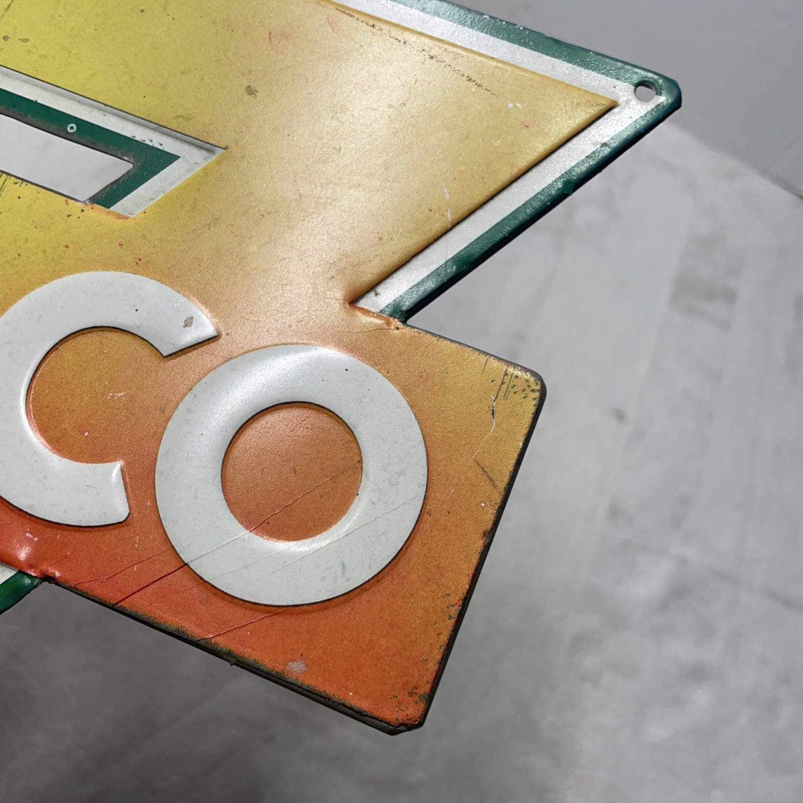 VINTAGE CONOCO Sign 12" Gasoline METAL Service Station Oil Red Yellow Faded