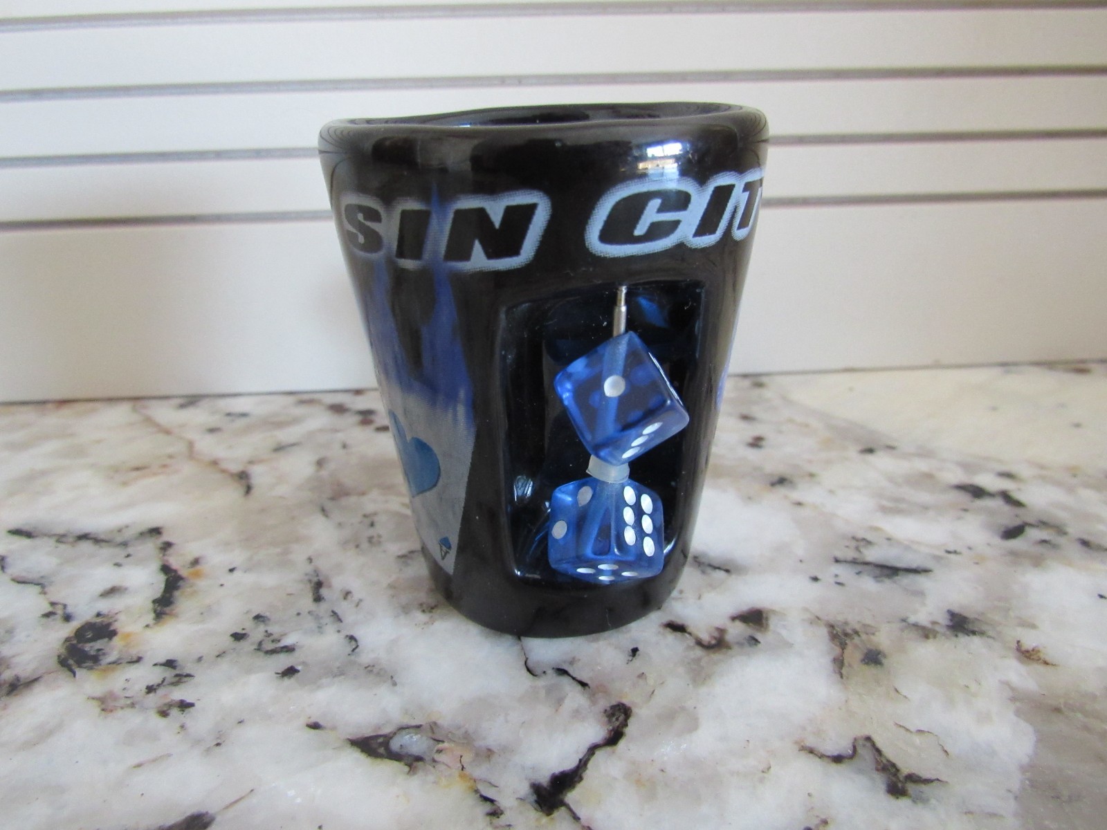 Sin City Las Vegas Nevada Black & Blue Ceramic Shot Glass w/ Spinning Dice