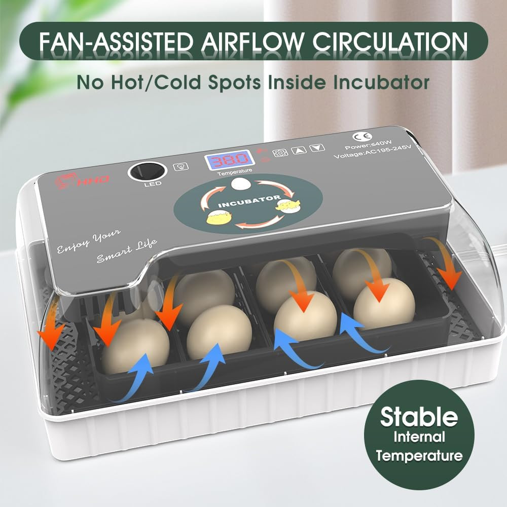 12 Egg Incubator - Automatic Egg Turner, Temperature Control, Built-In Candler,