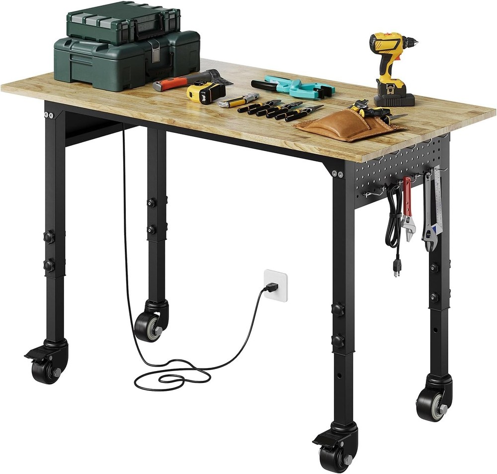 Adjustable Height Workbench 2200lbs Work Bench Table w/ Power Outlets 48in/60in