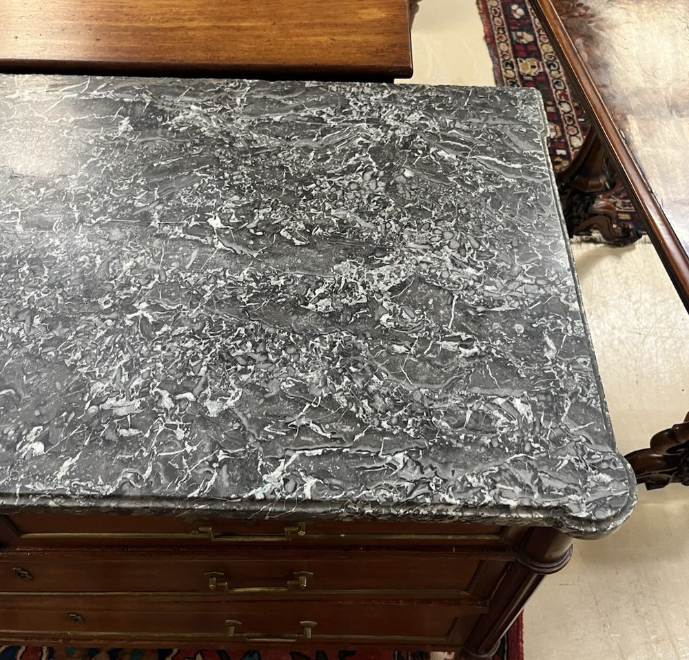Antique French Mahogany Louis XVI Grey Marble Top Chest of Drawers 34"H x 50"L