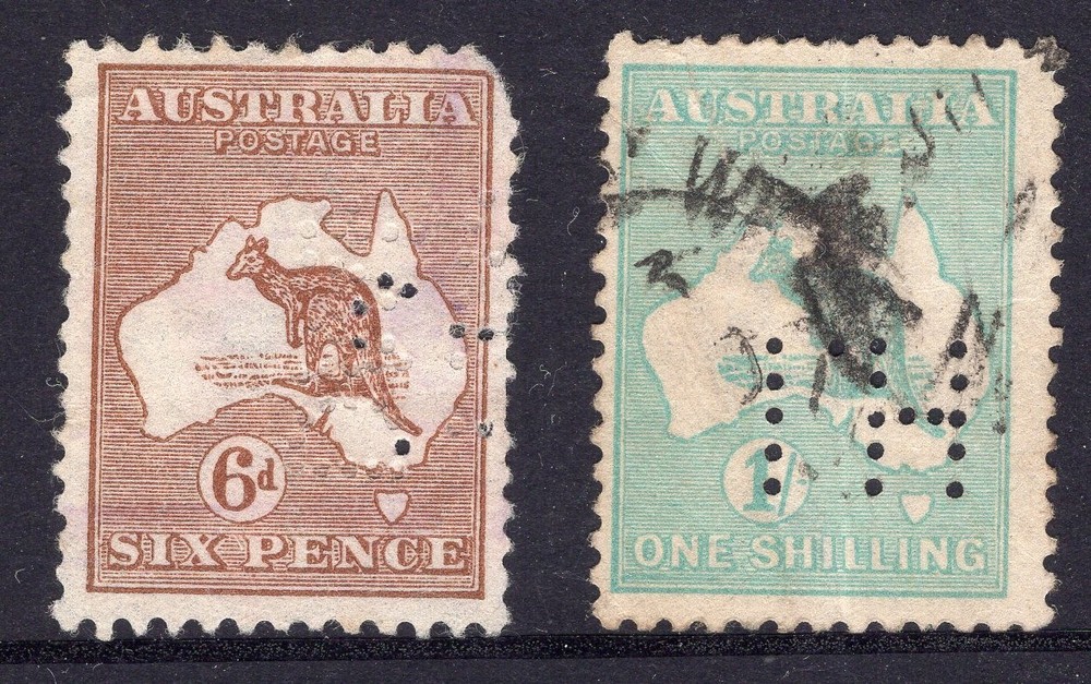 Australia 2x  kangaroo stamps with private punctures