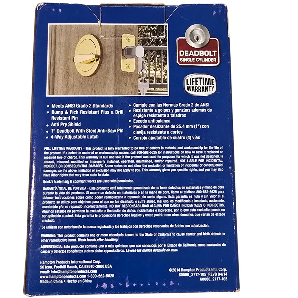 Brinks Polished Brass Single Cylinder Deadbolt Adjustable High Security Lock