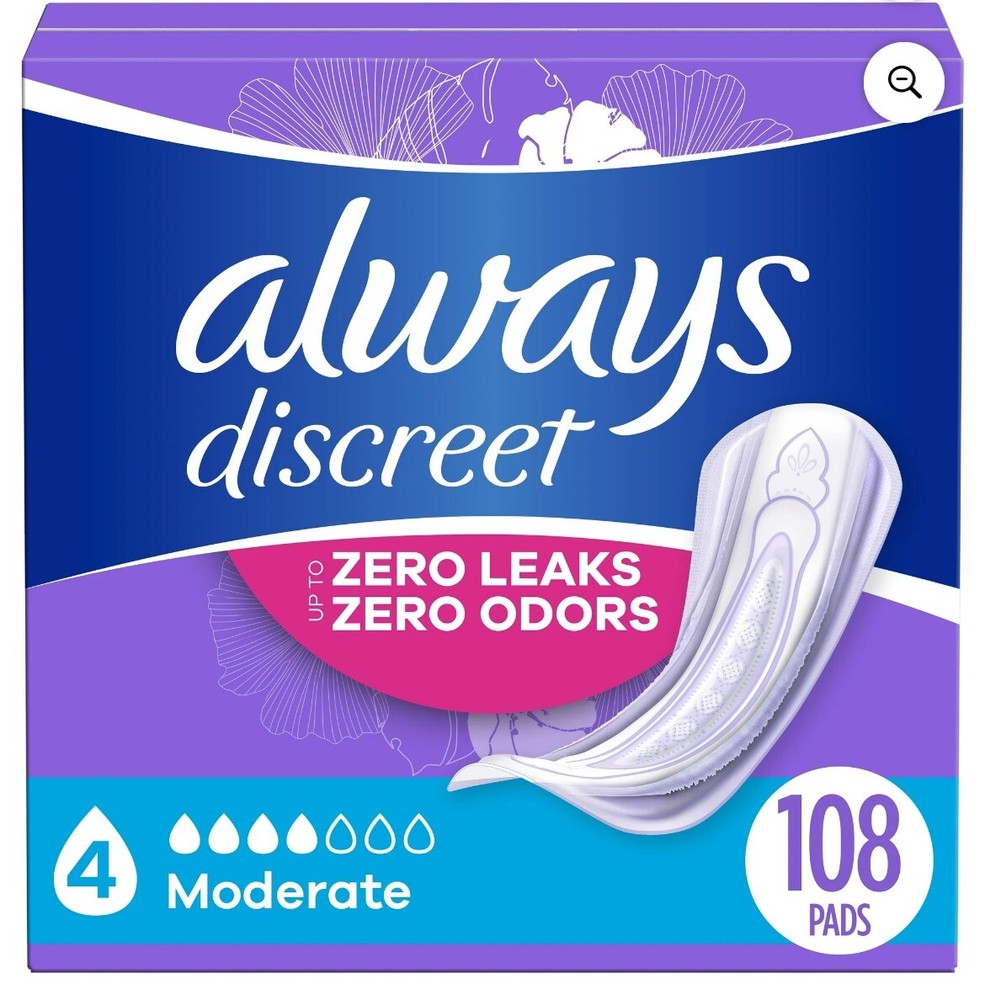 Always Discreet Incontinence Pads, Moderate Absorbency, Regular Length, 108 CT