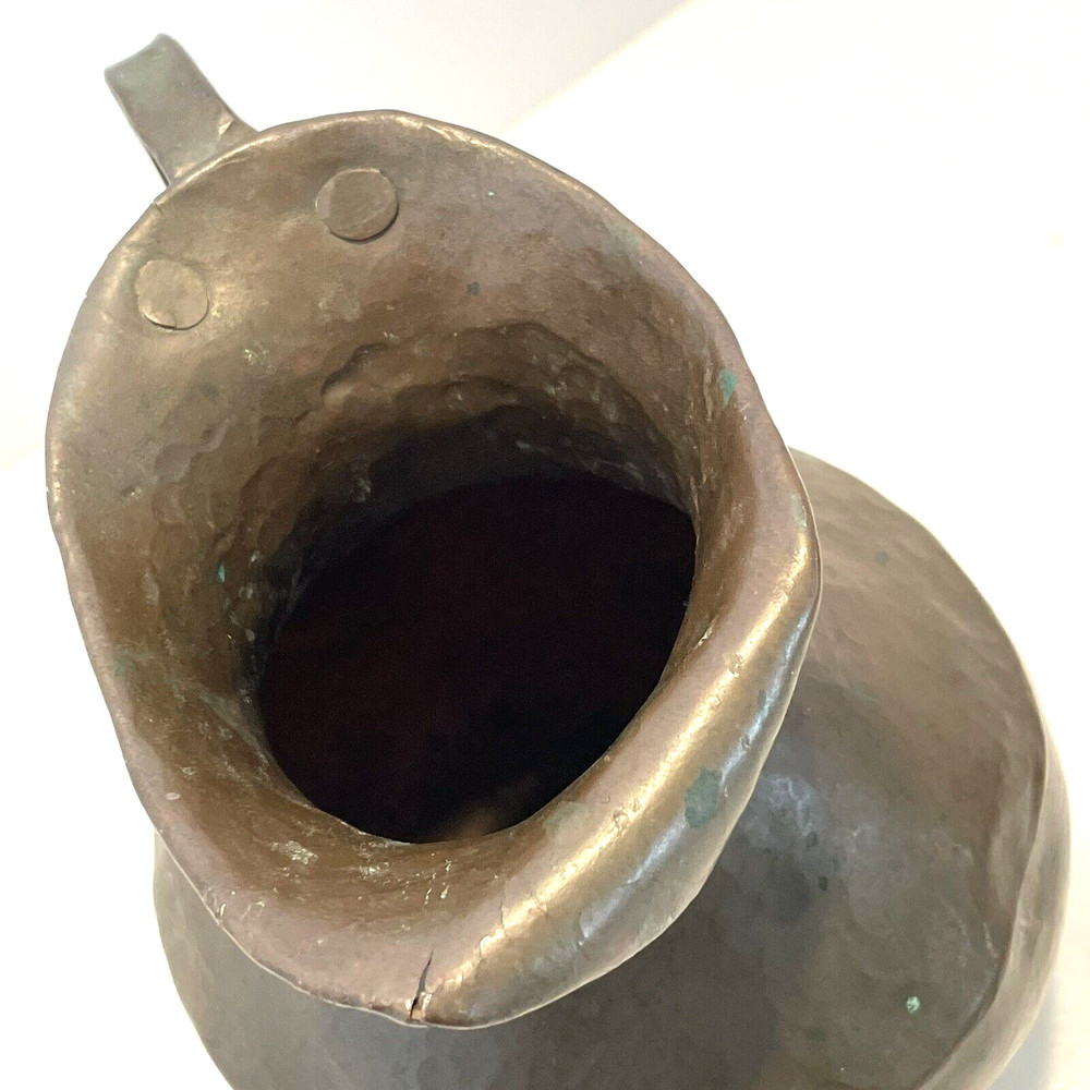 Antique Hammered Copper Pitcher Scrolled Riveted Handle Primitive Jug Dents 6"