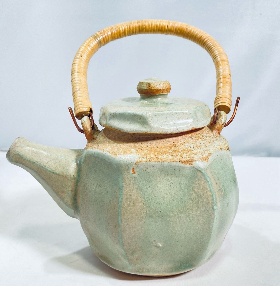 Studio Pottery Celadon Teapot Small Ceramic Rattan Wrapped Handle